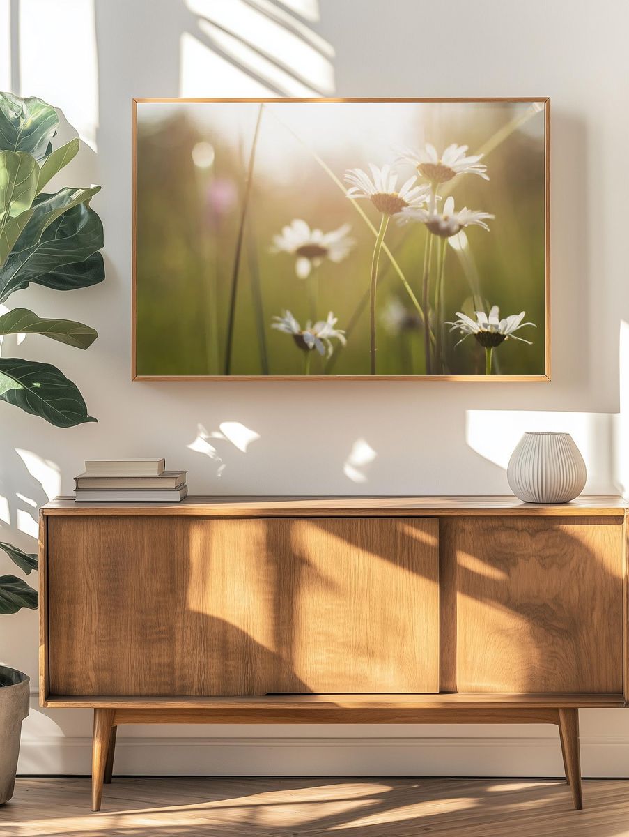 Sunlit Wild Daisies Photography Poster. — room view 3