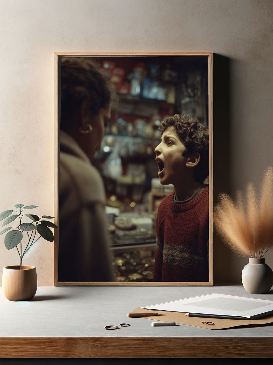 Curious Boy in Shop Photography Poster. — room view 2