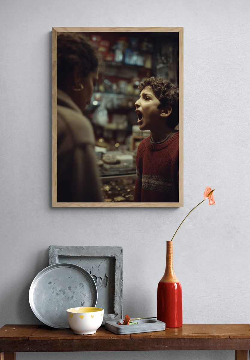 Curious Boy in Shop Photography Poster. — room view 3