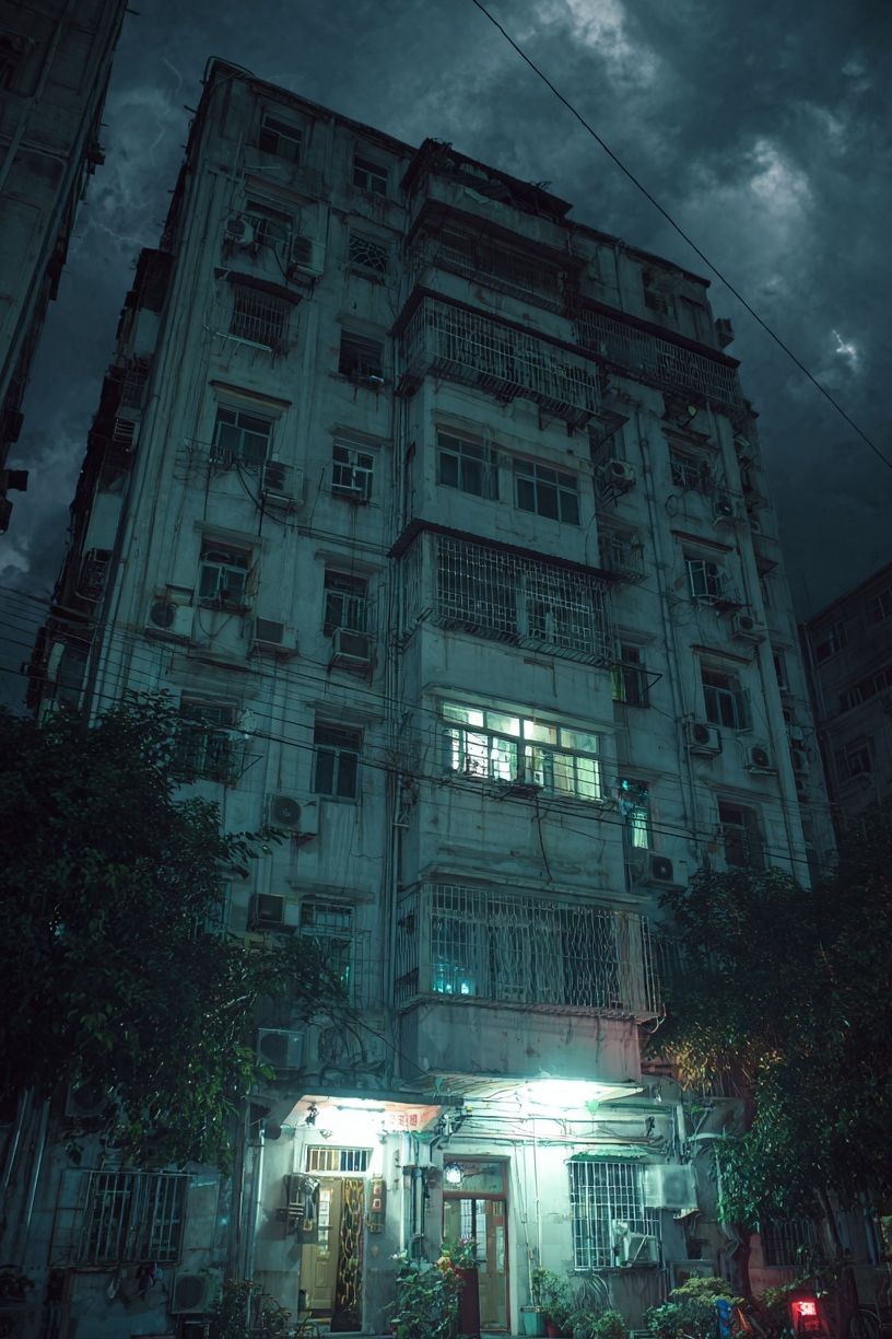 Rainy Apartment Block Night Poster. poster detail
