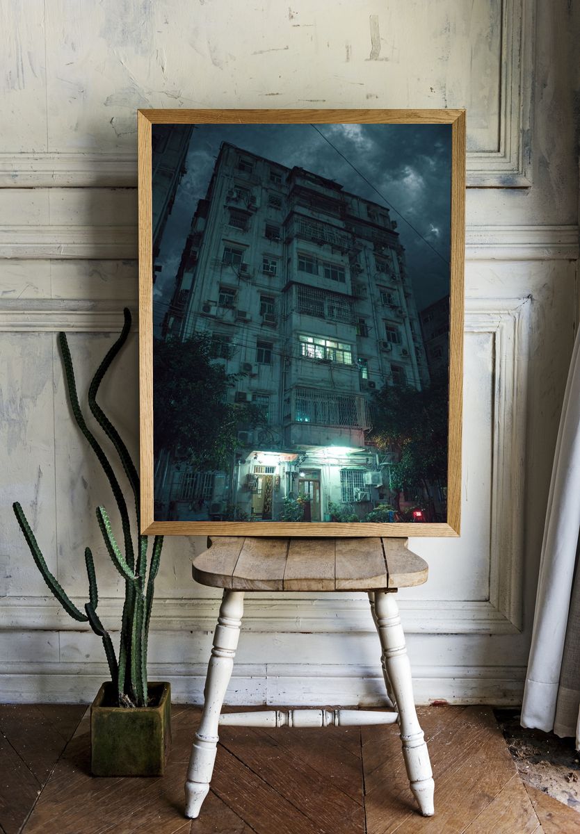 Rainy Apartment Block Night Poster. — room view 1