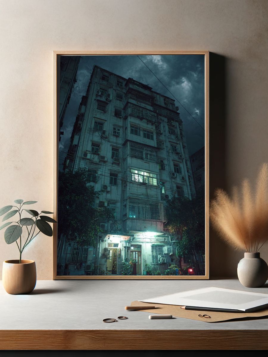 Rainy Apartment Block Night Poster. — room view 2