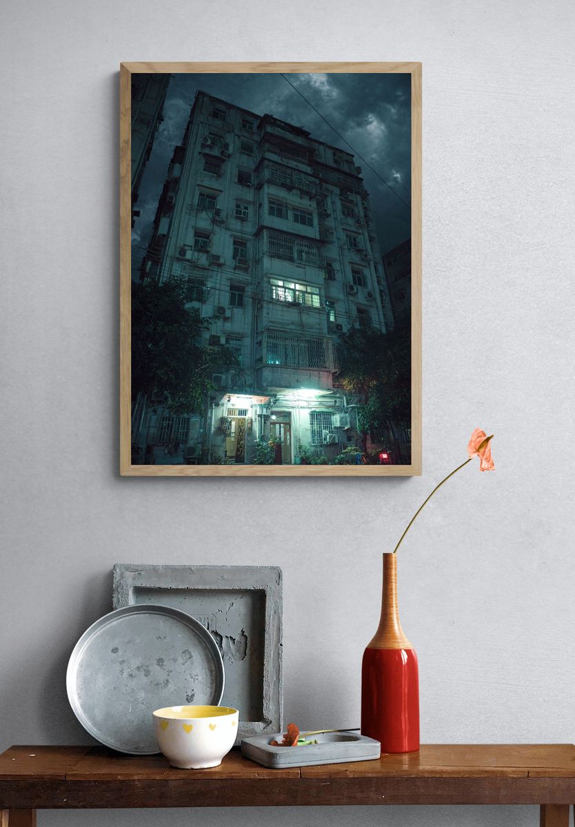 Rainy Apartment Block Night Poster. — room view 3