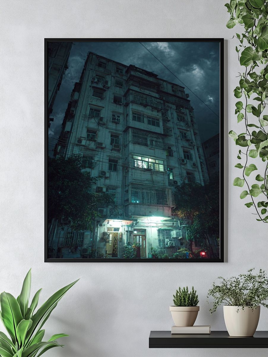 Rainy Apartment Block Night Poster. — room view 4