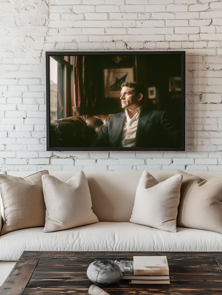 Moody Portrait in a Leather Lounge Poster. — room view 1