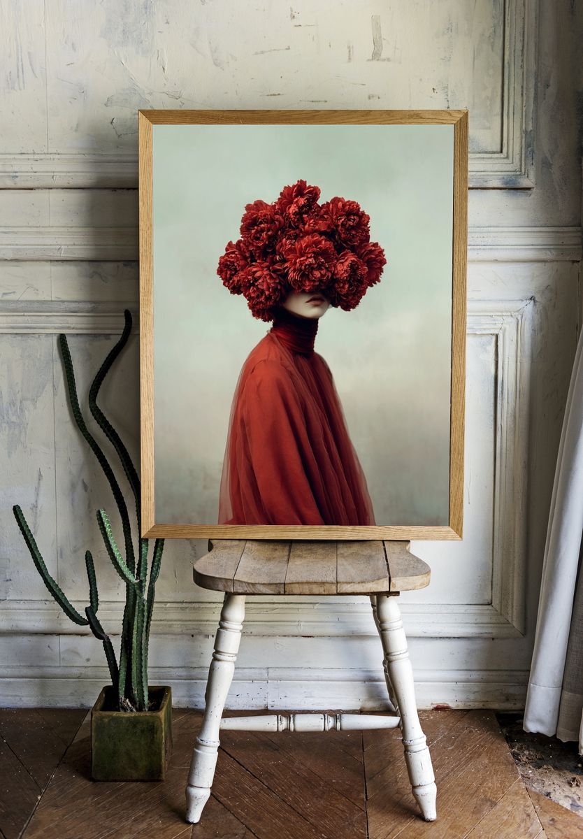 Red Floral Portrait Photography Poster. — room view 1