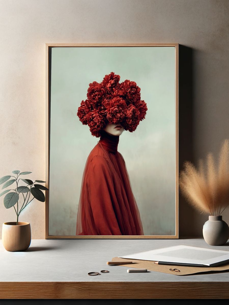 Red Floral Portrait Photography Poster. — room view 2