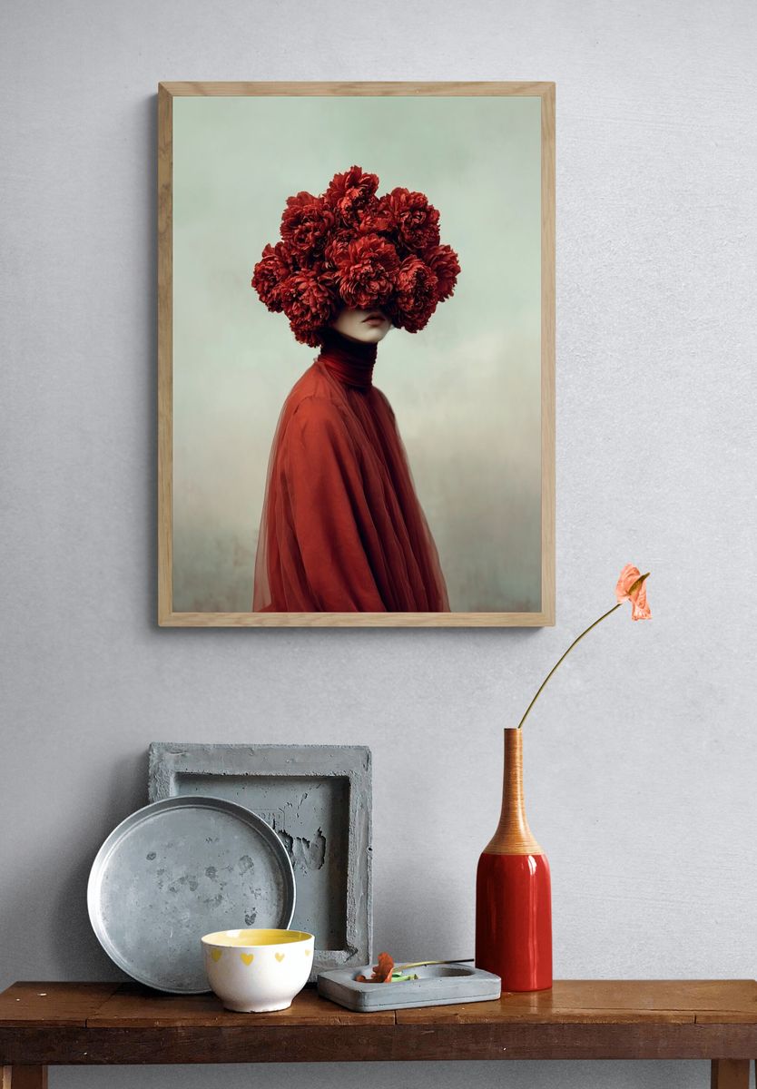 Red Floral Portrait Photography Poster. — room view 3