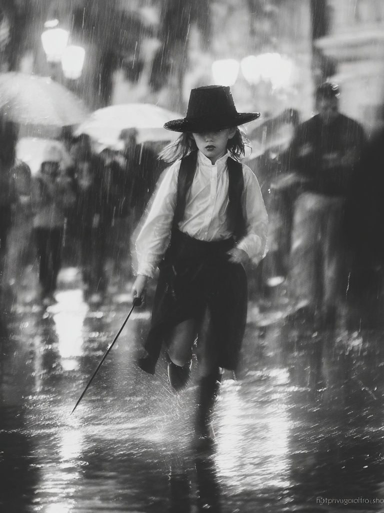 Rainy Street Girl Black-White Poster. poster — photography art