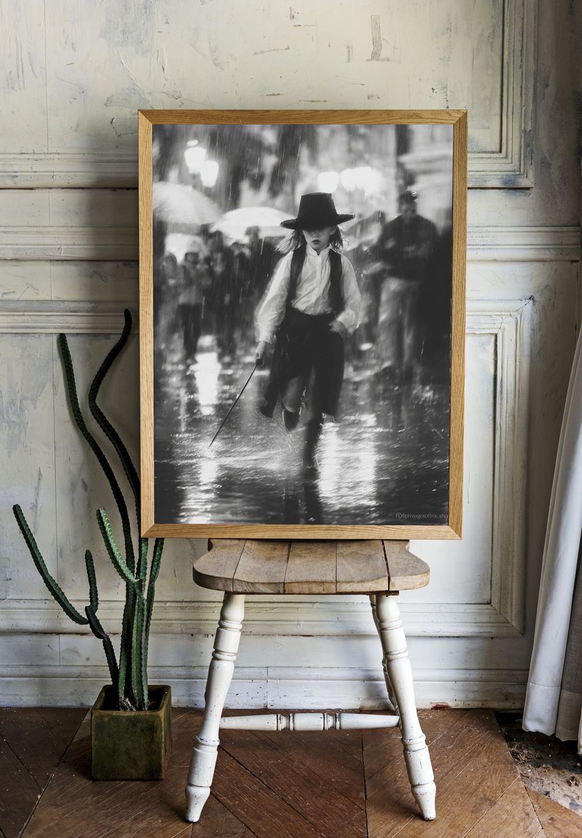 Rainy Street Girl Black-White Poster. — room view 1