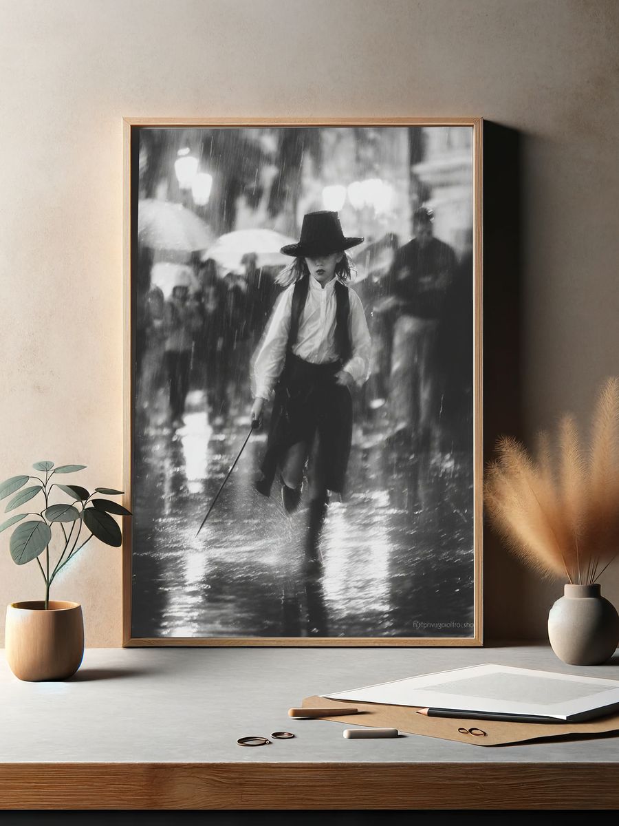 Rainy Street Girl Black-White Poster. — room view 2