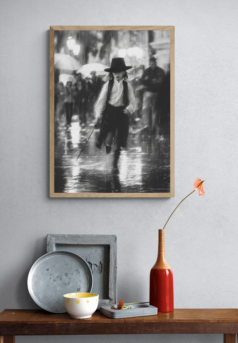 Rainy Street Girl Black-White Poster. — room view 3