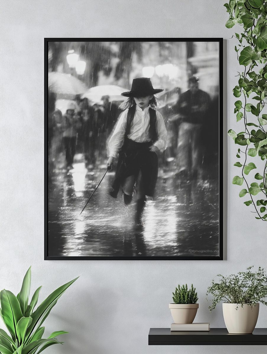 Rainy Street Girl Black-White Poster. — room view 4