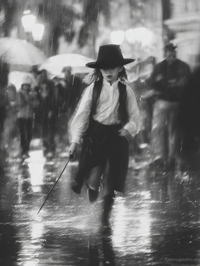 Rainy Street Girl Black-White Poster. poster