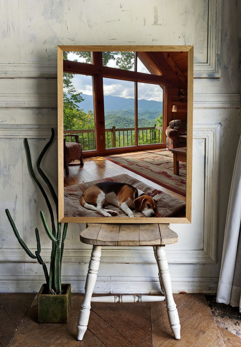 Mountain Cabin with Sleeping Beagle Poster. — room view 1