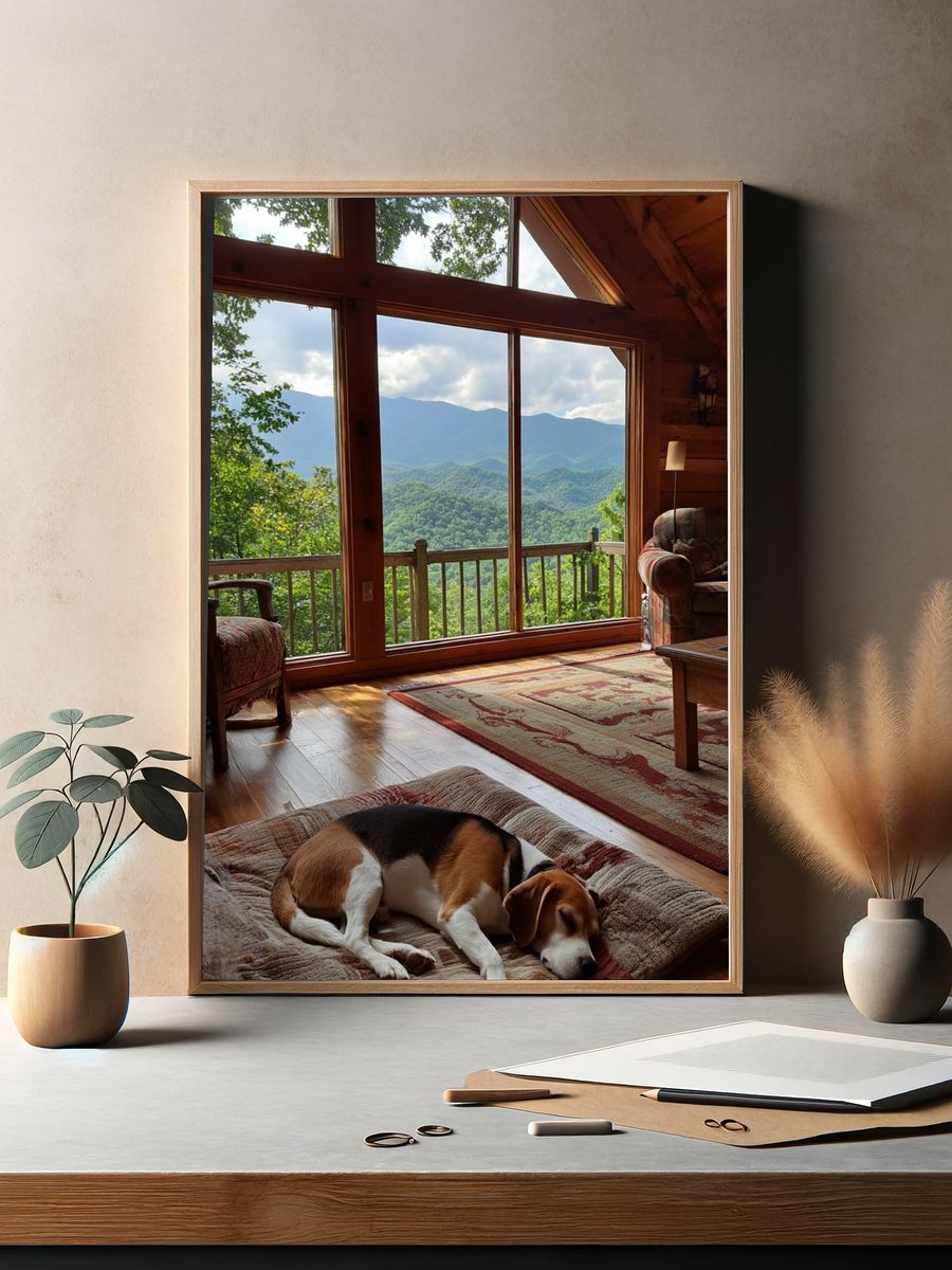Mountain Cabin with Sleeping Beagle Poster. — room view 2