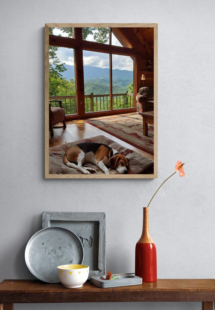 Mountain Cabin with Sleeping Beagle Poster. — room view 3