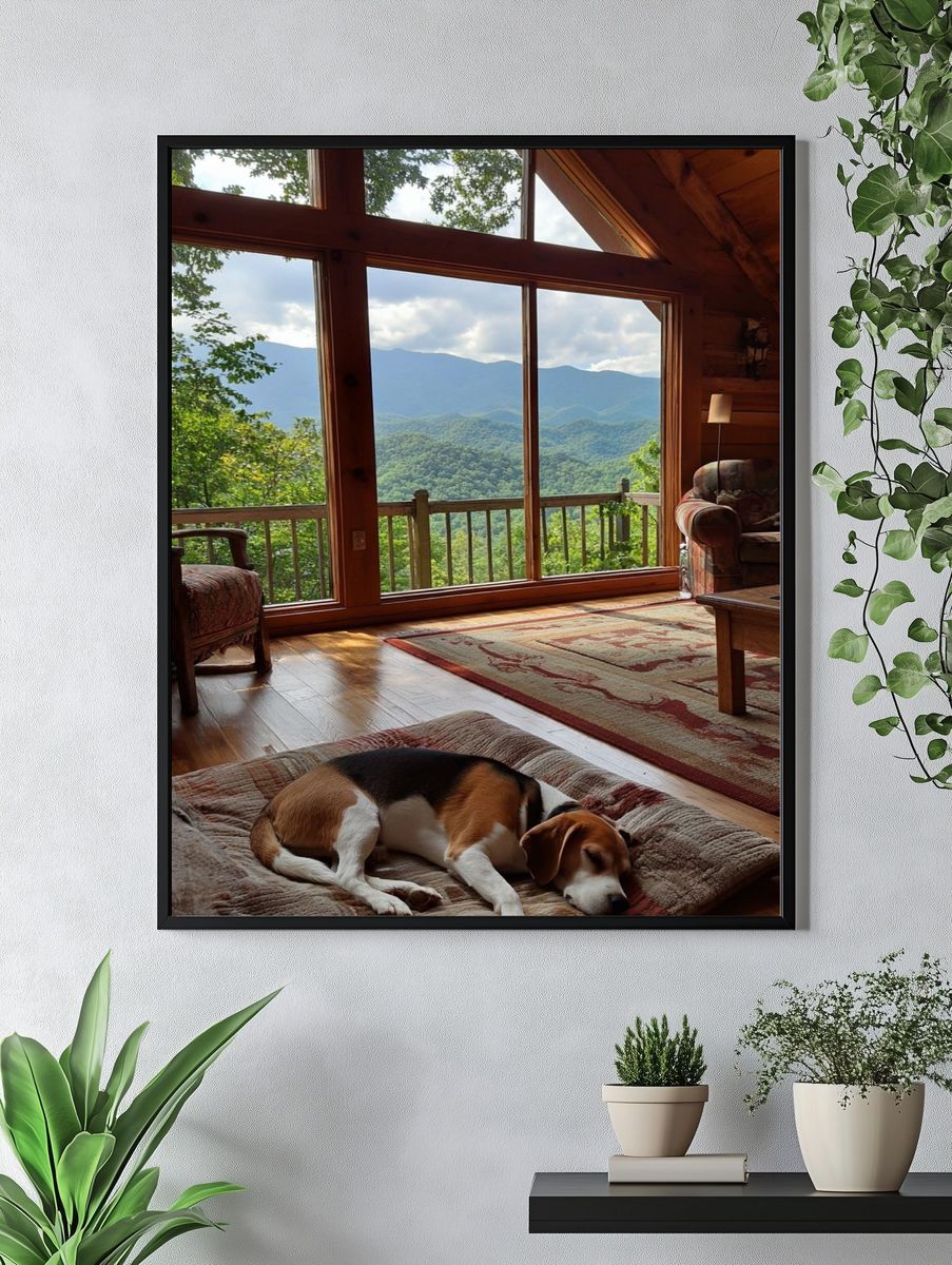 Mountain Cabin with Sleeping Beagle Poster. — room view 4