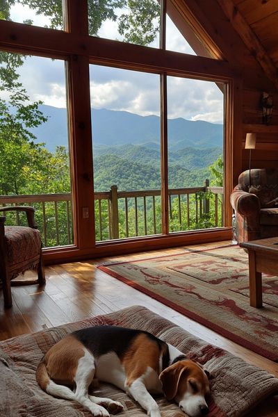 Mountain Cabin with Sleeping Beagle Poster. poster print