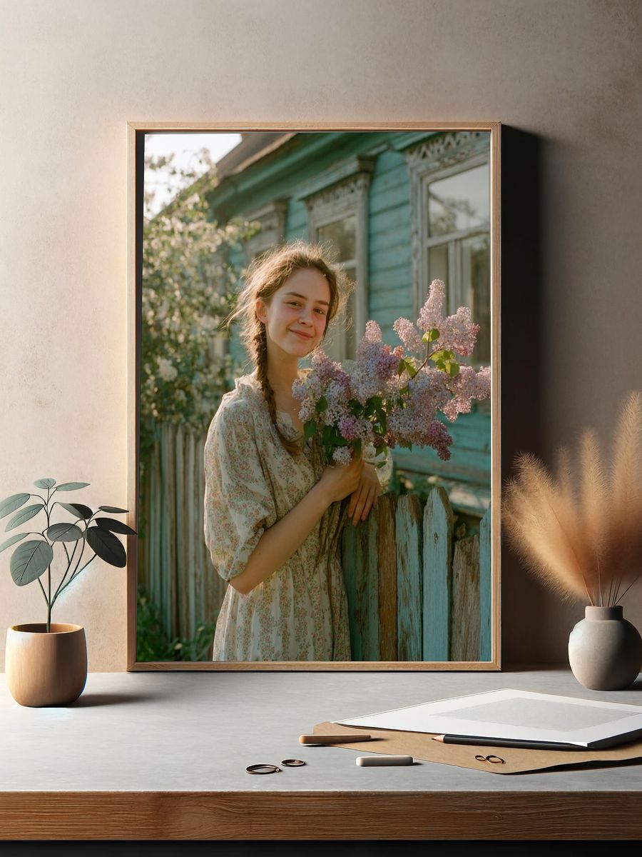 Girl with Lilacs Photography Poster. — room view 2