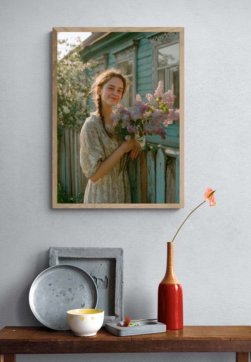 Girl with Lilacs Photography Poster. — room view 3