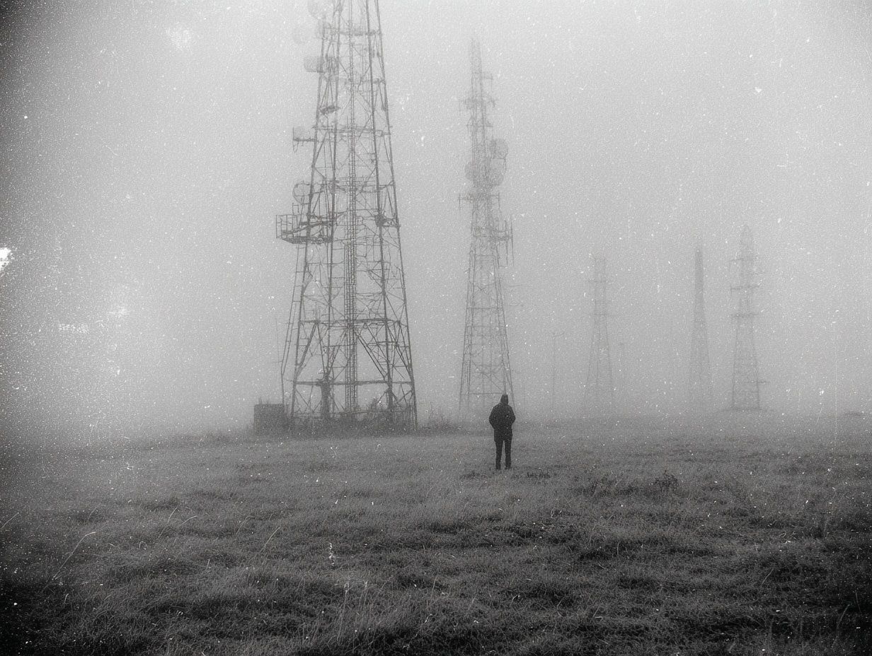 Foggy Radio Towers Black-White Poster. poster detail
