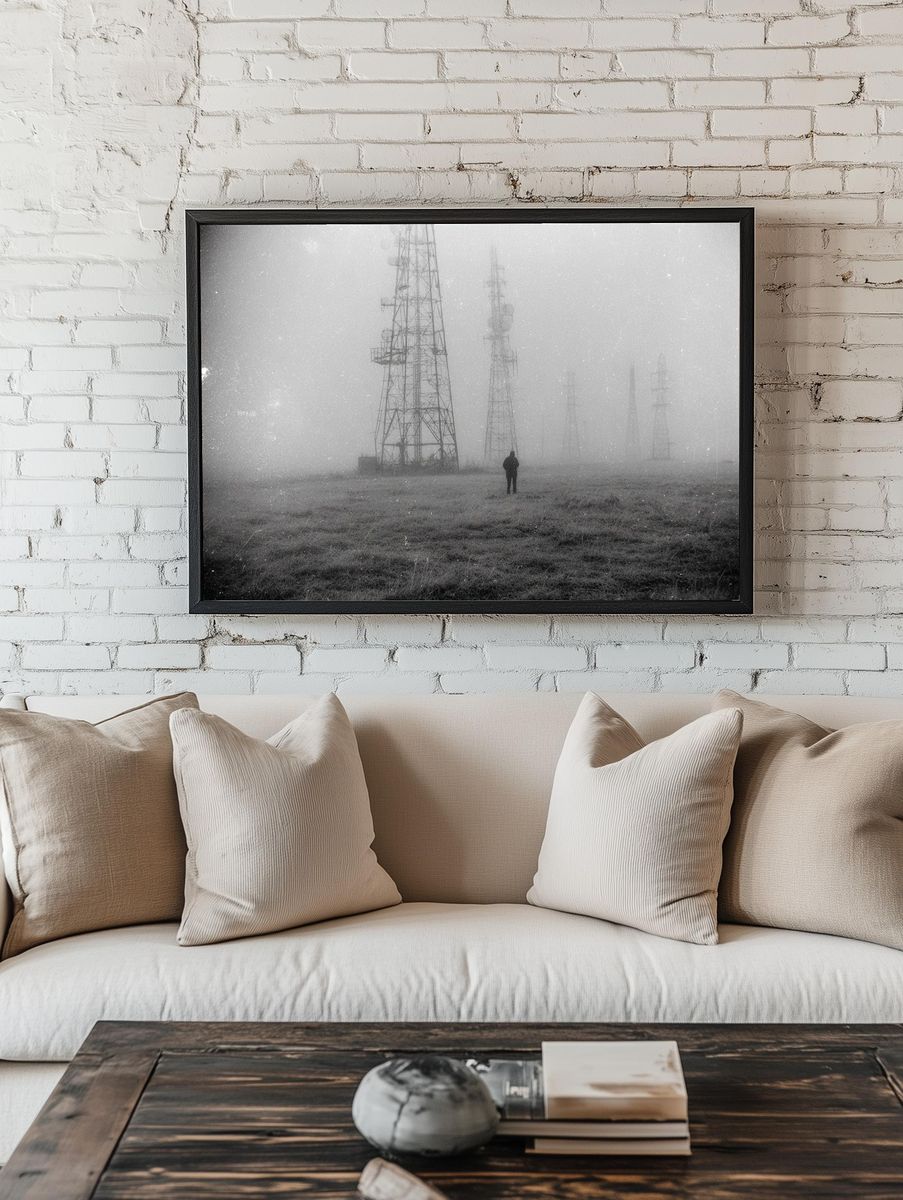 Foggy Radio Towers Black-White Poster. — room view 1