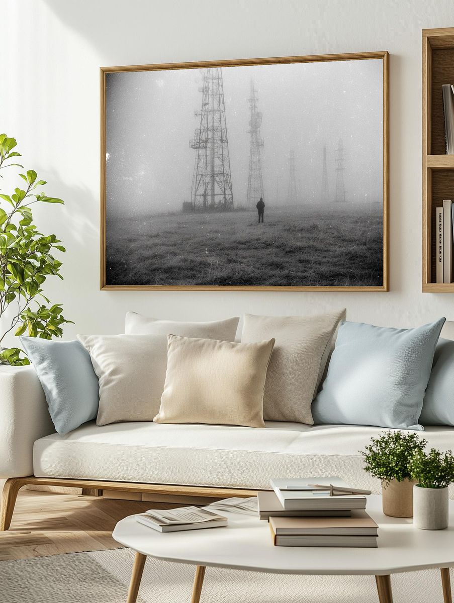 Foggy Radio Towers Black-White Poster. — room view 2