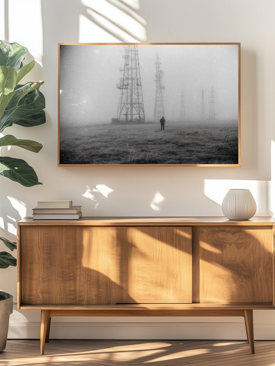 Foggy Radio Towers Black-White Poster. — room view 3