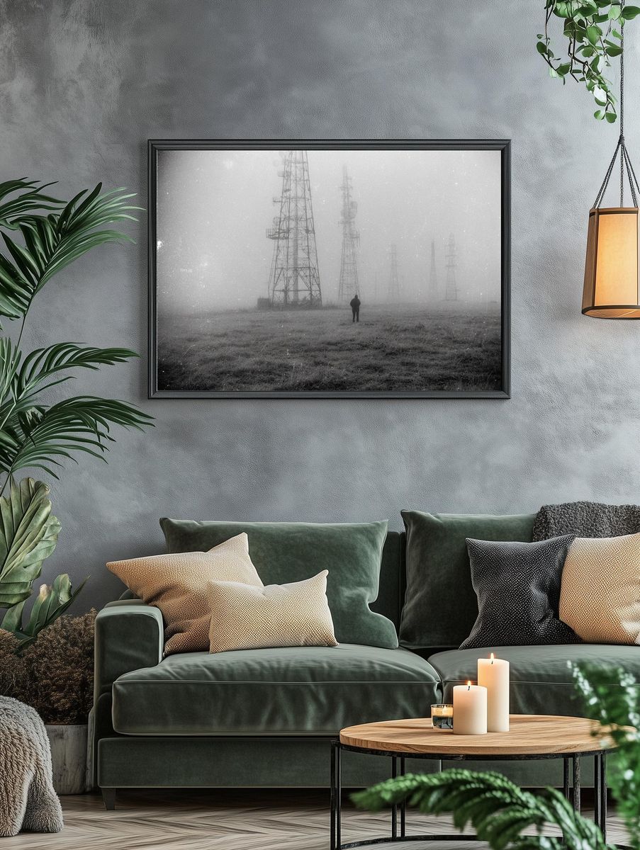 Foggy Radio Towers Black-White Poster. — room view 4