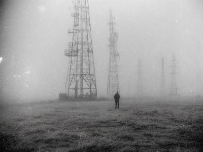 Foggy Radio Towers Black-White Poster. poster print