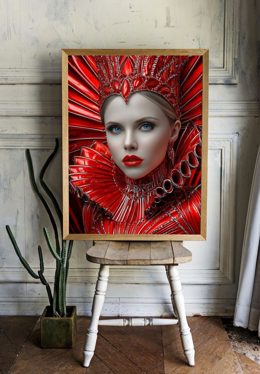 Crimson Futurist Portrait Print. — room view 1