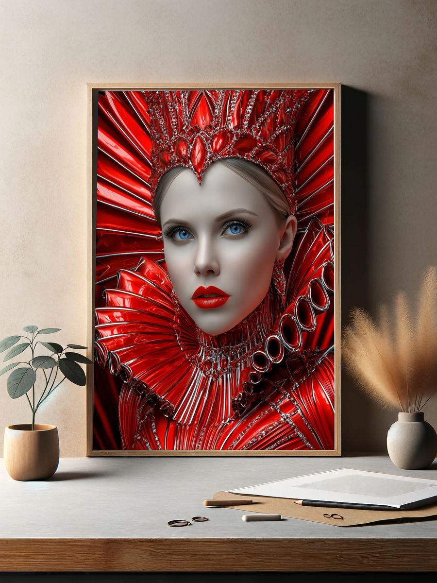 Crimson Futurist Portrait Print. — room view 2