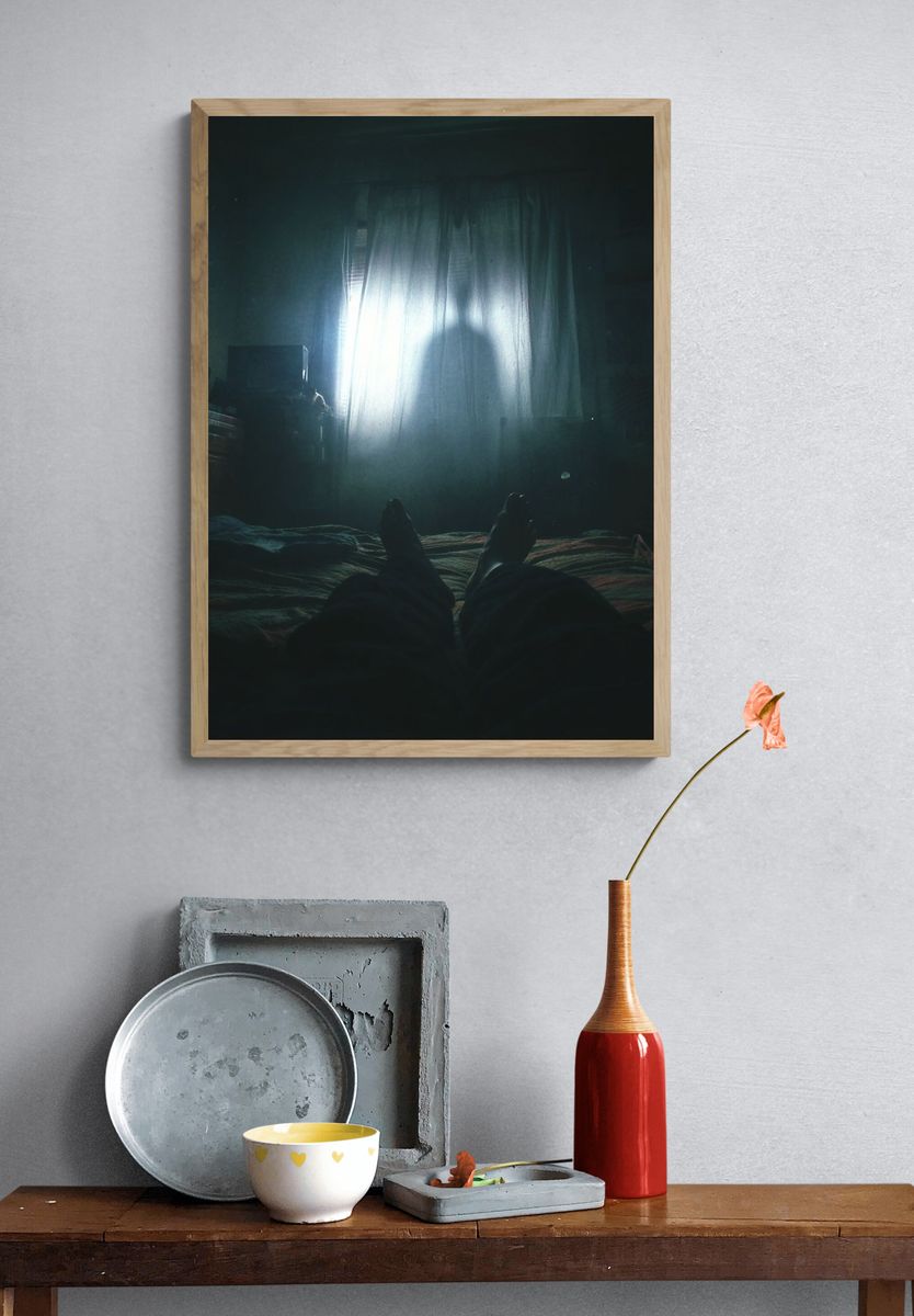 Shadowy Bedroom Silhouette Photography Poster. — room view 3
