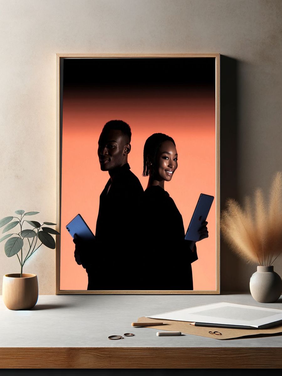 Silhouetted Couple with Tablets — Photography Print. — room view 2