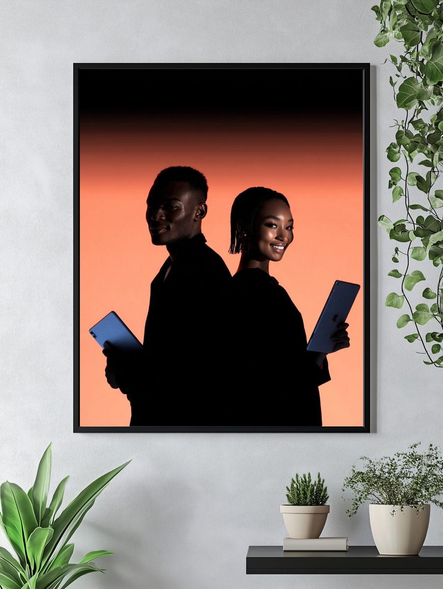 Silhouetted Couple with Tablets — Photography Print. — room view 4