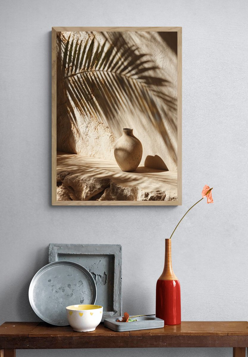 Sunlit Terracotta Vase Photography Poster. — room view 3