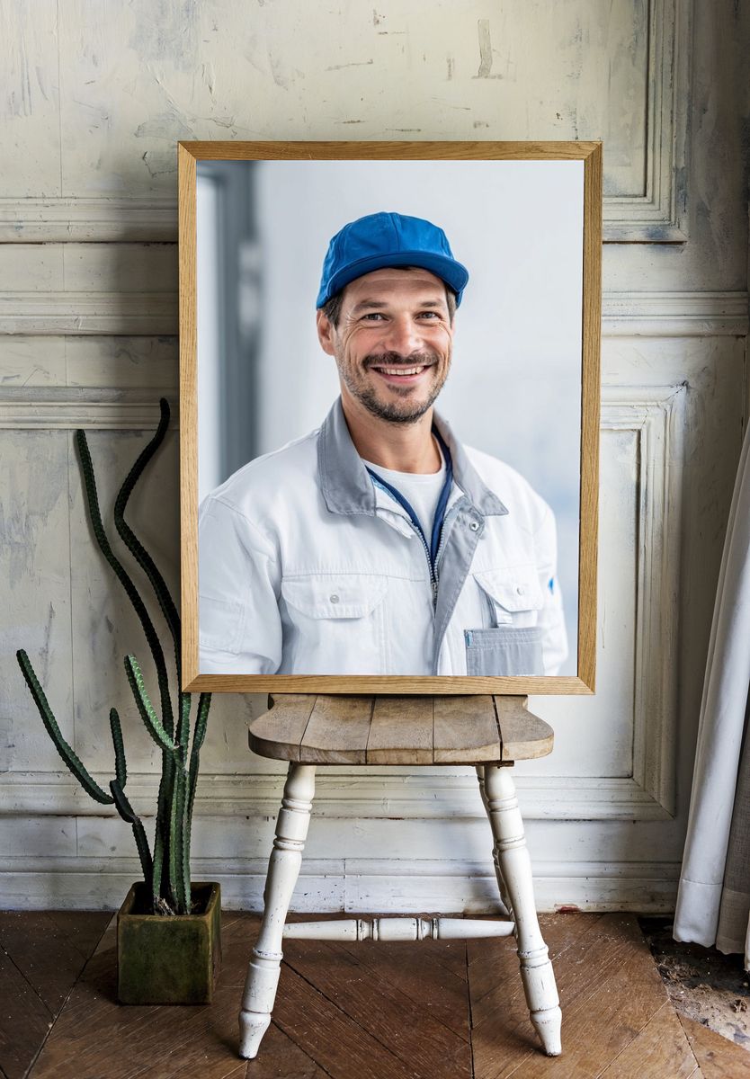 Smiling Worker Portrait Photography Poster. — room view 1
