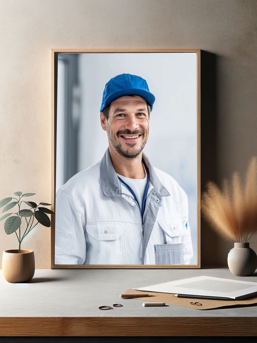 Smiling Worker Portrait Photography Poster. — room view 2