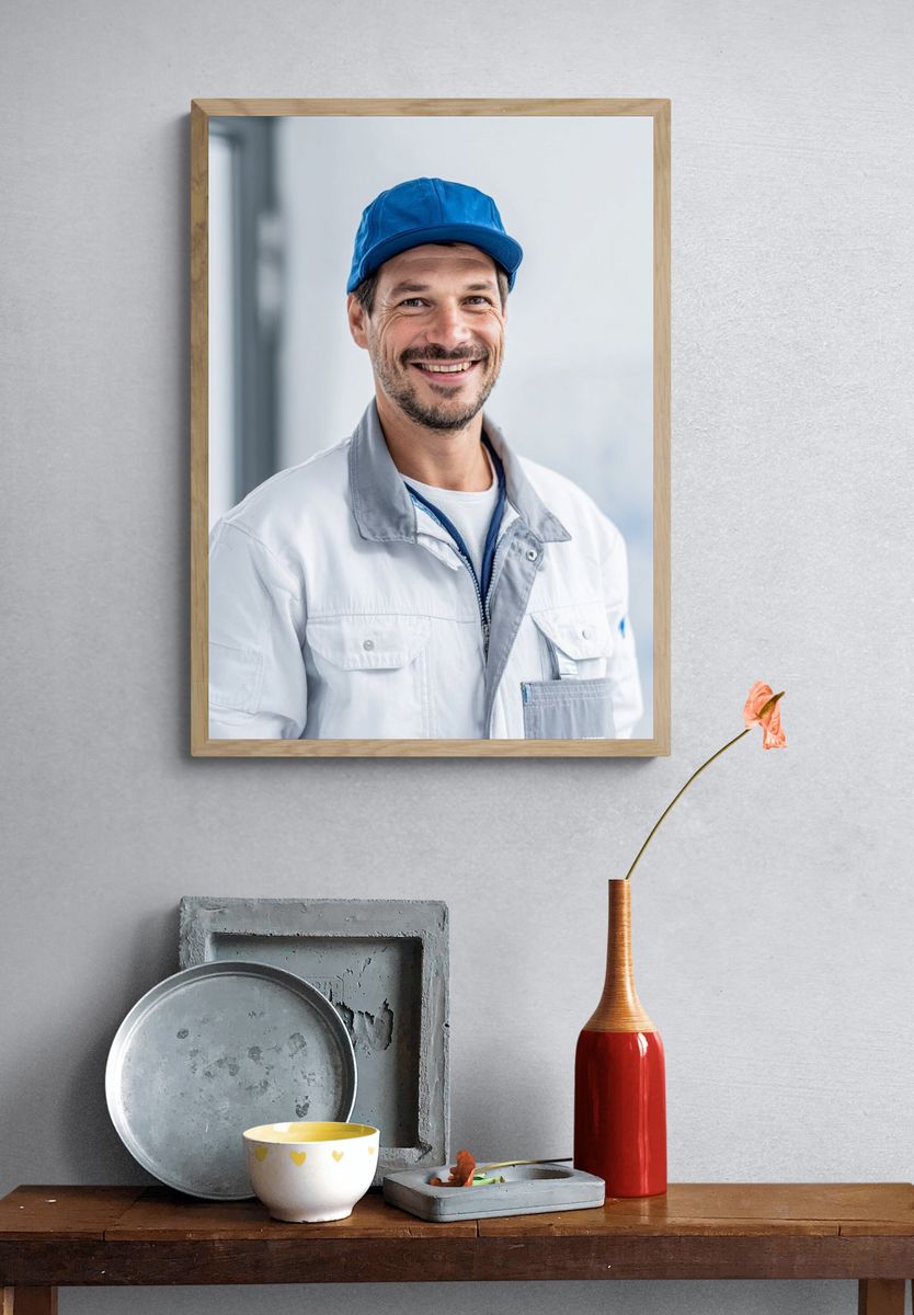 Smiling Worker Portrait Photography Poster. — room view 3