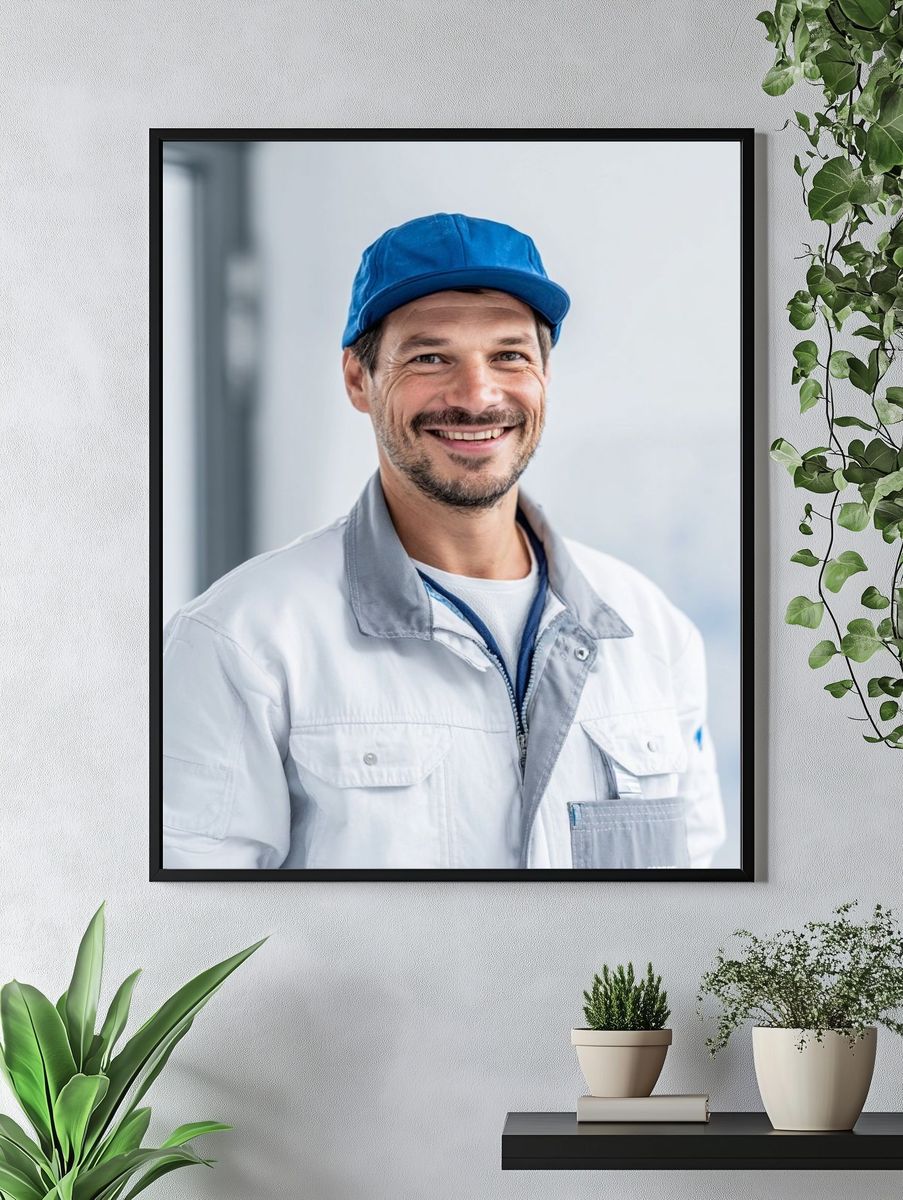 Smiling Worker Portrait Photography Poster. — room view 4