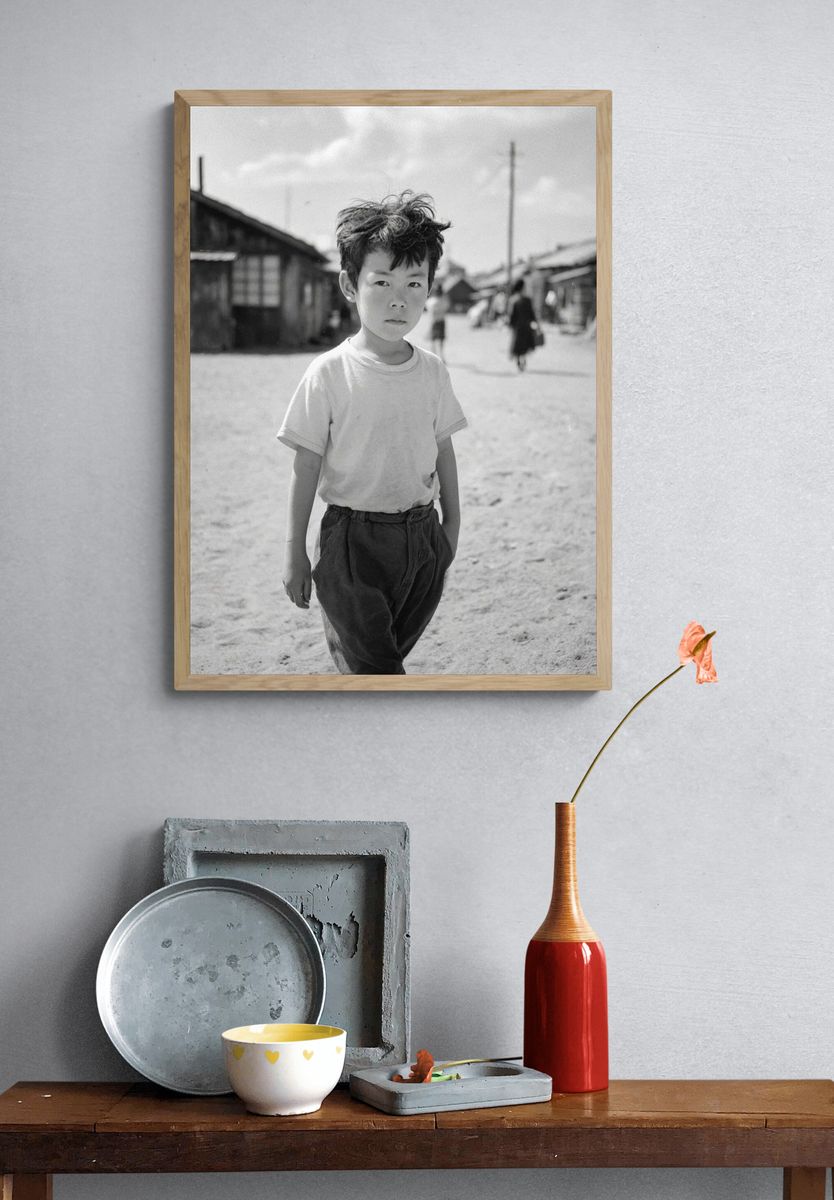 Boy in Village Street Photography Poster. — room view 3