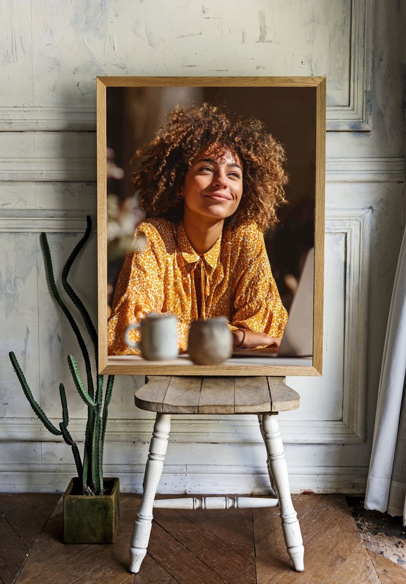 Joyful Woman in Cafe — Photography Print. — room view 1