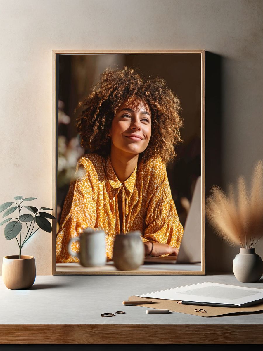 Joyful Woman in Cafe — Photography Print. — room view 2