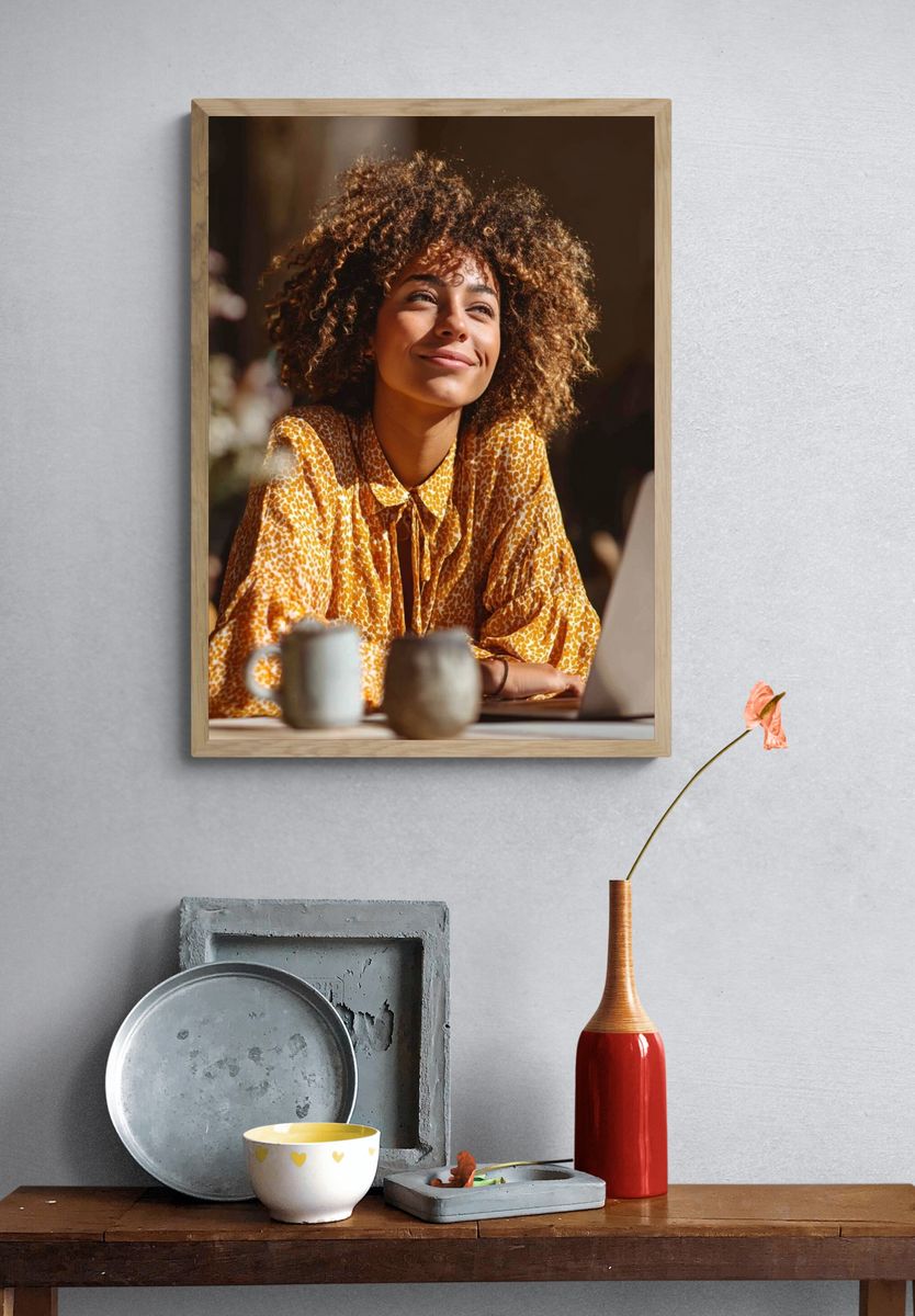 Joyful Woman in Cafe — Photography Print. — room view 3