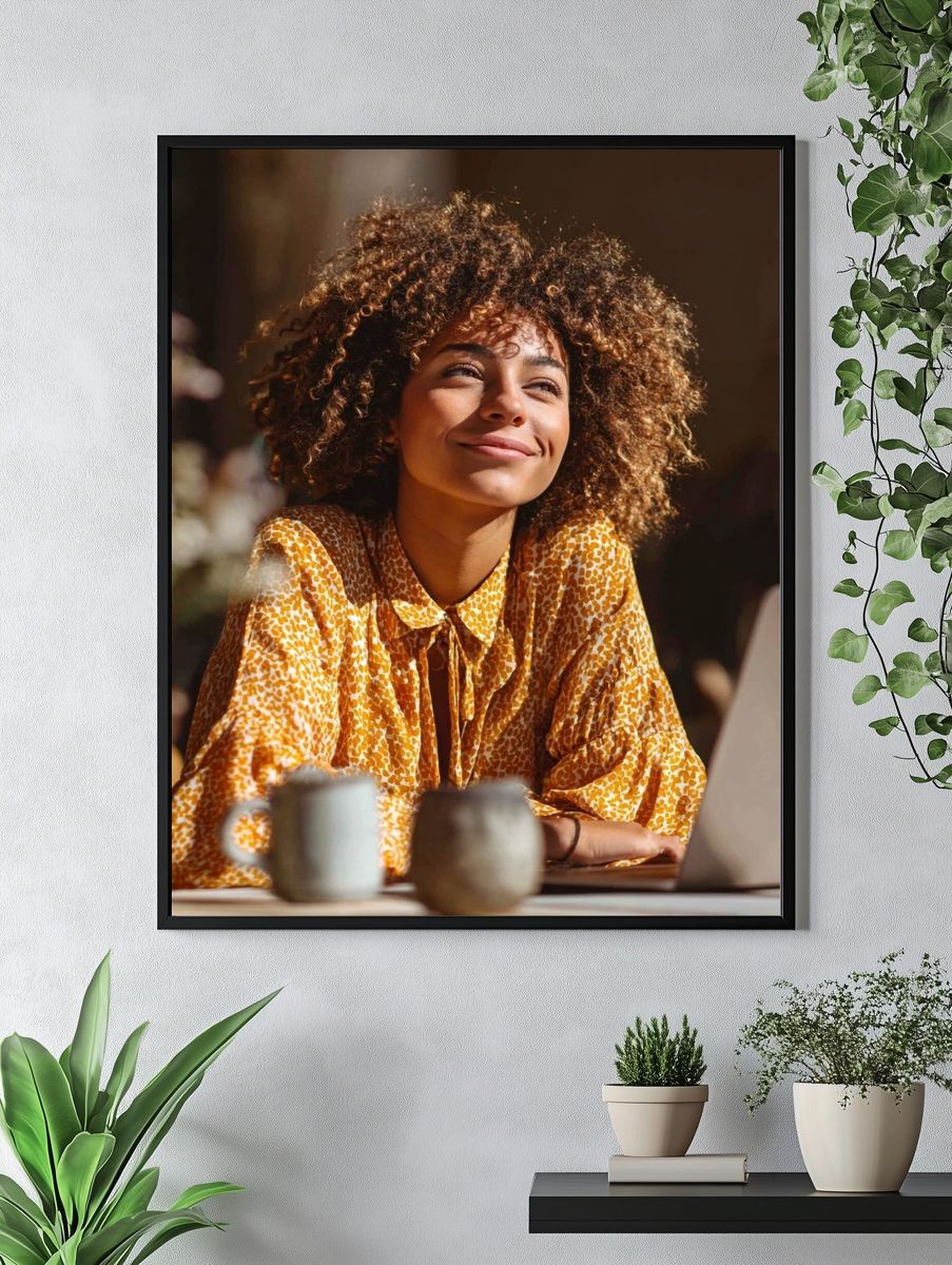Joyful Woman in Cafe — Photography Print. — room view 4