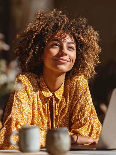 Joyful Woman in Cafe — Photography Print. poster print