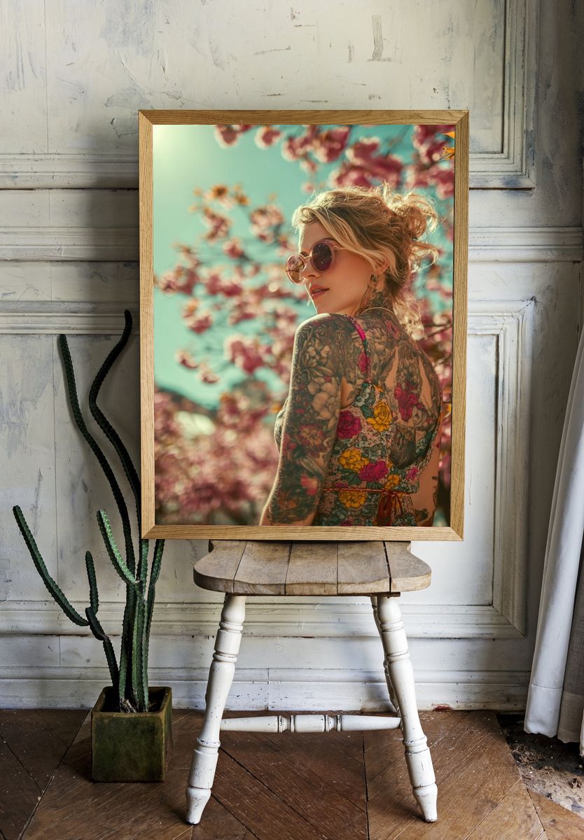 Tattooed Woman in Blossoms Photography Poster. — room view 1