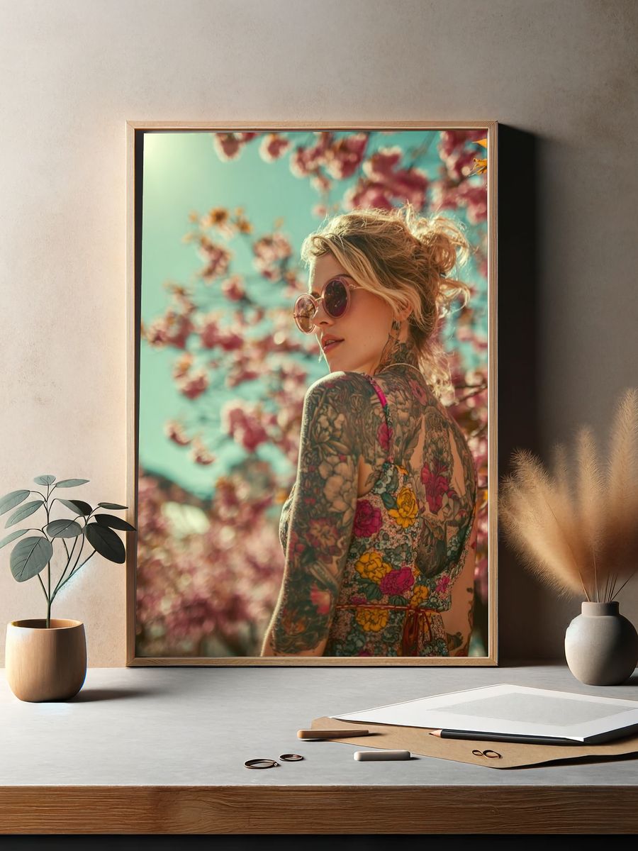 Tattooed Woman in Blossoms Photography Poster. — room view 2