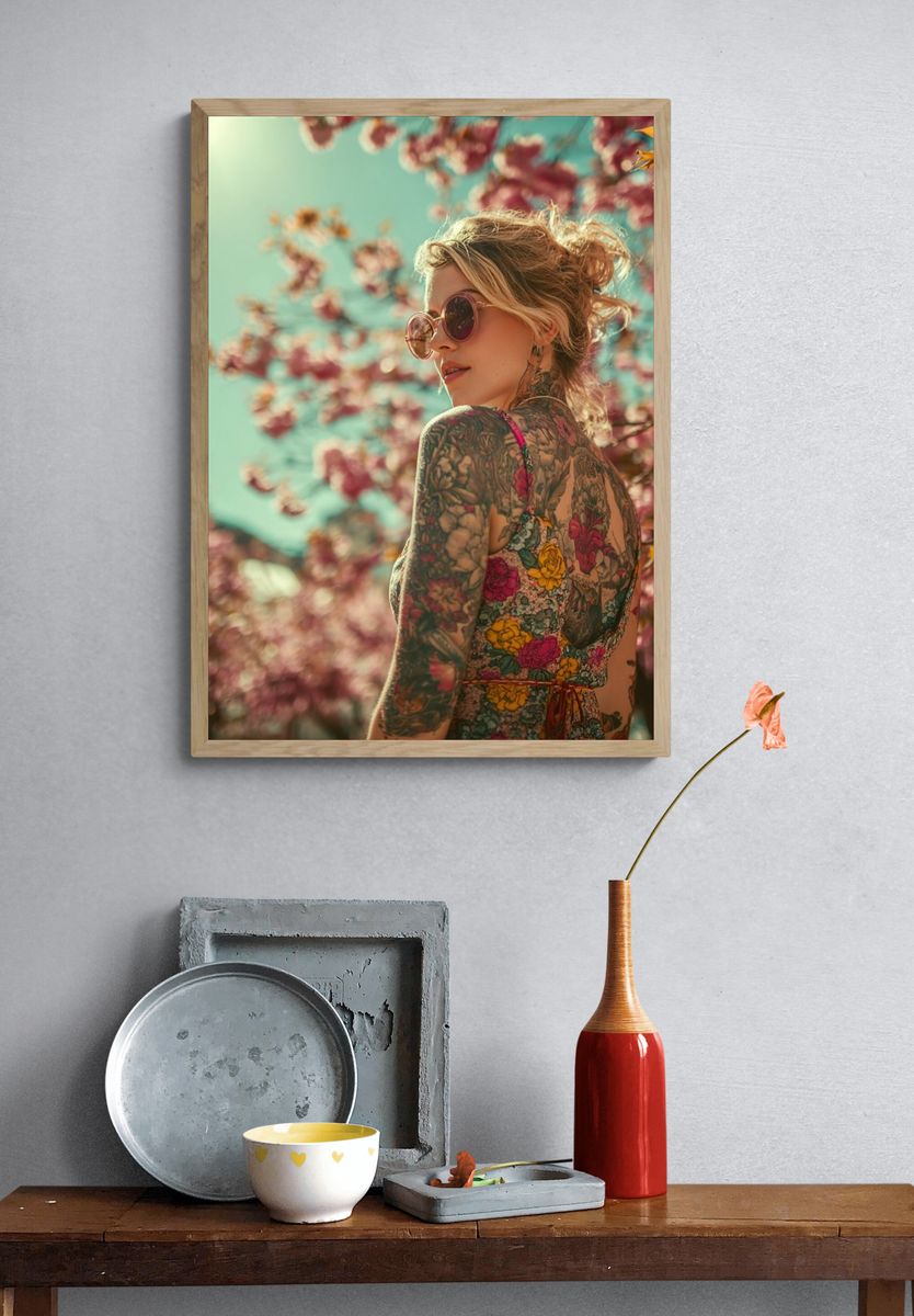 Tattooed Woman in Blossoms Photography Poster. — room view 3